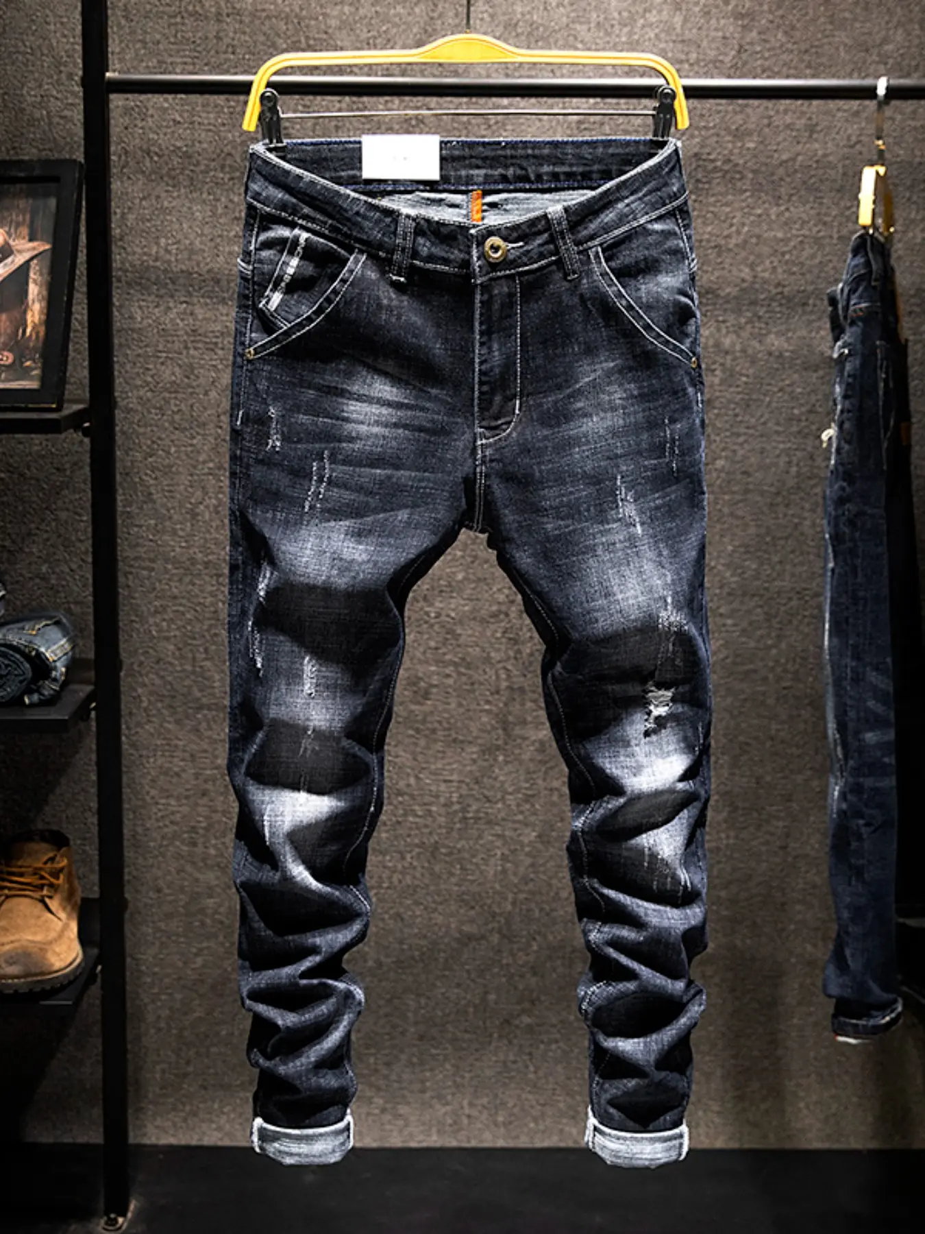 Men's Skinny Jeans, Ripped Distressed Denim, All-Season Style, Streetwear Fashion, Trendy Men's Jeans, Elastic Fabric, Comfortable Fit, Casual Jeans Menswear