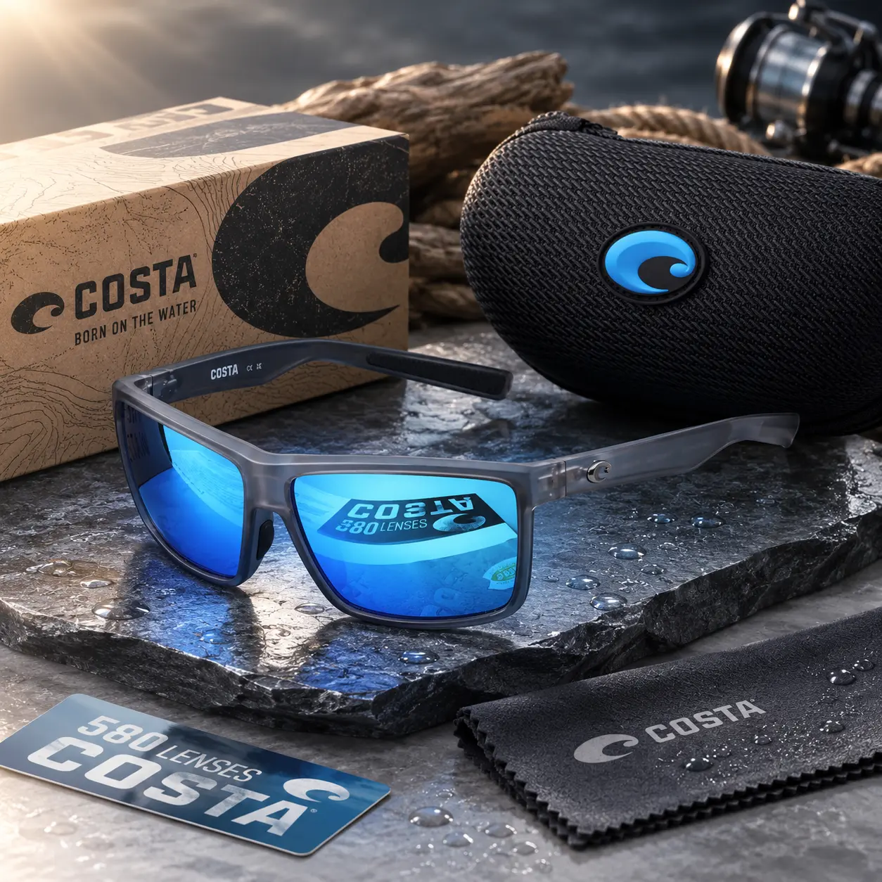 Full Box Costa Del Mar Rinconcito Costa 580G Men’s Polarized Sunglasses Black Frame Blue Mirror Lens UV400 Fishing Driving Outdoor Sport Glasses with Case Box