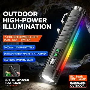 A seven-color neon LED flashlight with strong light, aluminum alloy, 4-level LCD display, magnetic suction maintenance light, can also serve as a bottle opener, suitable for outdoor, camping, gifts, Multifunctional flashlight
