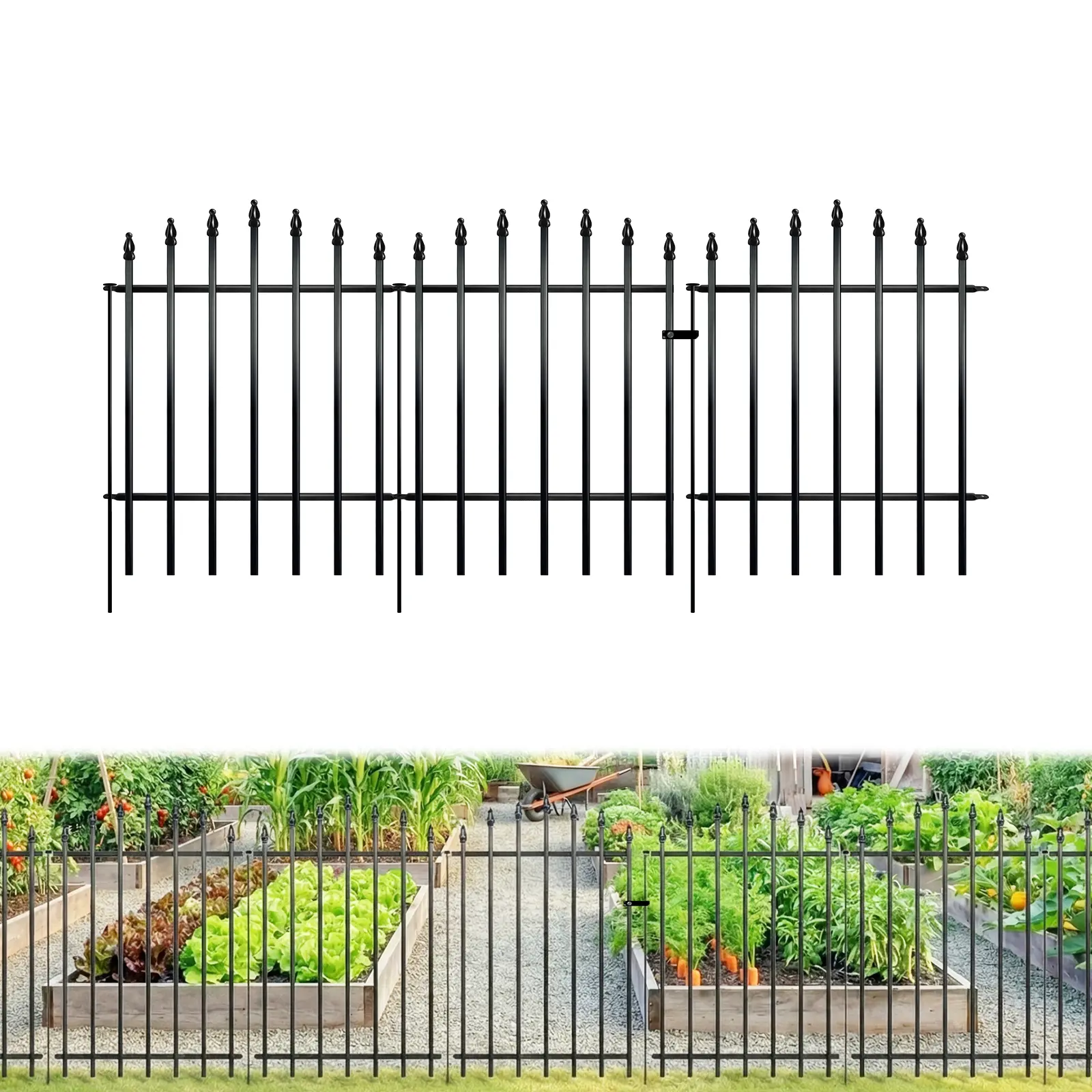 Arifaro Metal Garden Fence Panels   36" H x 11.6 Ft L(4 Panels + 1 Gate) ,Garden Accessories No Digging Decorative Garden Border Fence, Garden Raised Bed Rust-Resistant Black Landscape Edging for Flower Beds, Yard, Patio Garden Decor