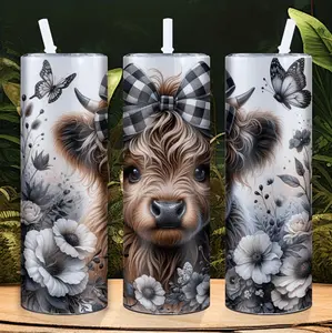 Stainless Steel Highland Cow and Floral Double Wall Insulated Tumbler with Lid and Straw for Everyday Use