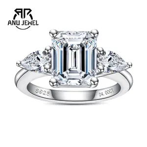 AnuJewel Emerald Cut Moissanite Engagement Ring 4CT D Color VVS1 925 Sterling Silver Wedding Promise Anniversary Ring 8*10mm for Women With Certificate