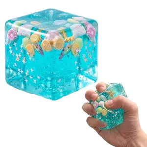 Ocean Shell Cube Squishy Toy Water Filled Stress Relief Squeeze Toy with Starfish and Shells for Adults Kids