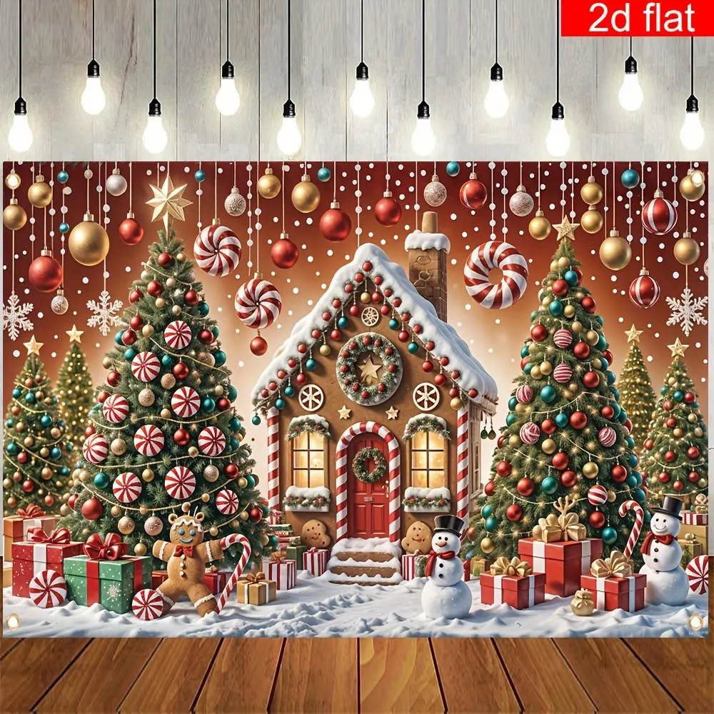 1pc 2D Flat Festive Christmas Banner - Gingerbread Print, Tree Design, Snowy Scene, Bright Durable Polyester, Holiday Decor, Birthday Party Decoration Supplies