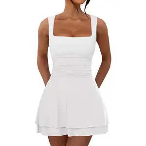 Women's Summer Ruffle Hem Square Neck Mini Dress Ruched Waist Short Party Dresses Graduation Sports Skirt