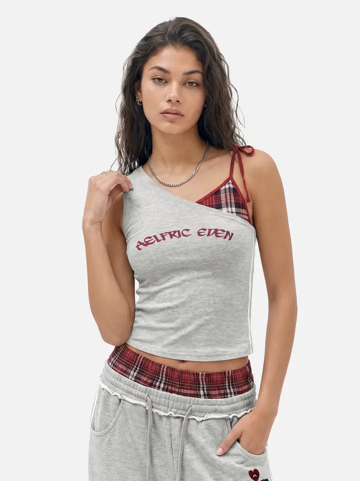 Aelfric Eden Plaid Layered Cami Top Asymmetric One-Shoulder Design Fake Two-Piece Plaid Inner Layer Gothic Brand Letter Embroidery Cropped Slim Fit Soft Fabric Y2K Streetwear Women's Top