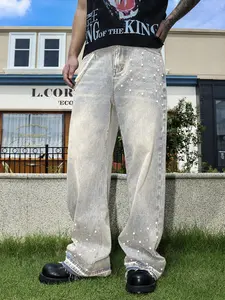 Men's Ombre Gradient Beaded High Waist Skinny Denim Jeans With Pocket, Heavy Craft Sequined Embroidery Flare Style, Straight Leg Slimming Jeans, Fashion Comfort Daily Wear Streetwear Pants, Menswear
