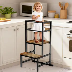 3-in-1 Toddler Tower with Safety Rail, Iron-Frame Toddler Kitchen Stool Helper，Sturdy and Durable Wooden Standing Tower with Anti-Tip Support Legs，Multi-Functional Toddler Tower Stool