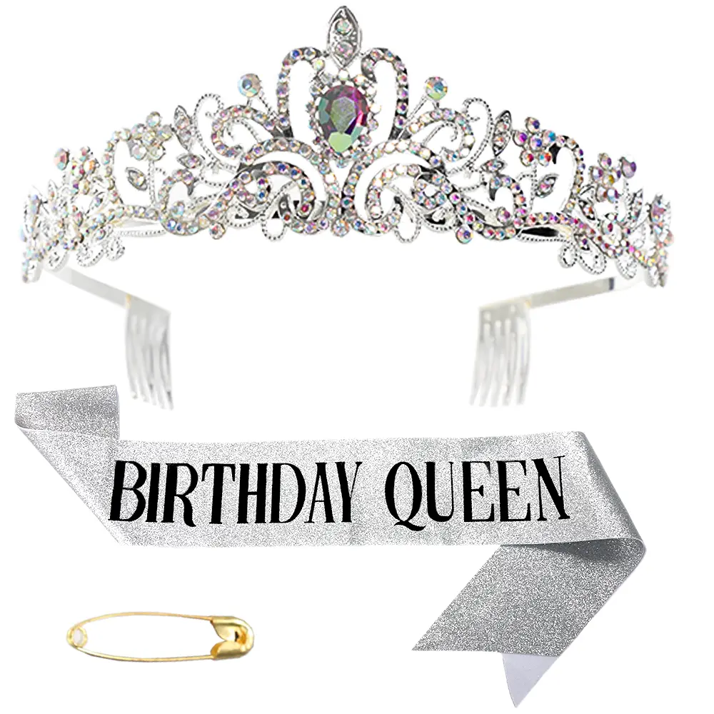 3PCS Birthday Queen Crown for Women, Girls Princess Crowns for Women, Queen Tiara for Mom, Silver Birth Crown Headband Birth Sash, Birthday Prom Party Decorations for Mother