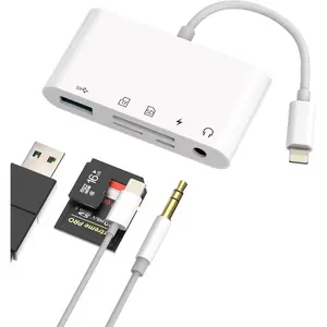 Lightning 3.5mm USB SD  SD Card Reader for (5 in 1)Audio Jack Headphone Adapter Charger OTG AUX Camera Memory TF Dongle Hub 14 13 12 11 Pro Max X 7 8 Plus Earbud Flash Drive Splitter