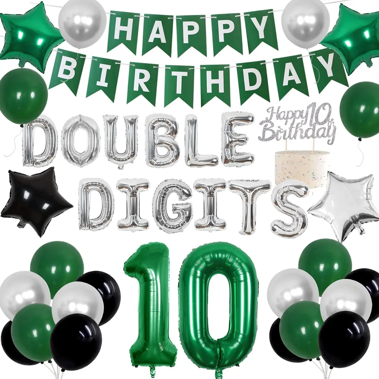 10th Birthday Decorations for Boys & Girls, Green Party Supplies, Banner, Cake Topper & Balloons