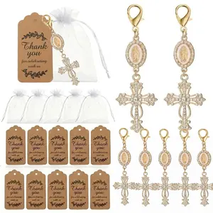 12 Sets Elegant Gold Rhinestone Cross Charm Keychains with Sheer Gift Bags and Kraft Tags, Perfect for Baptism, Communion, and Event Decor, Collectible Keepsake Favors, Key Charms