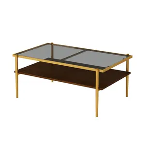Contemporary Coffee Table (38.39in) - Modern Luxury Rectangular Glam Indoor Living Room Furniture, Gray Tempered Glass Top, Golden Metal Frame Legs, MDF Lower Storage Shelf, 220LBS Capacity, Easy Setup