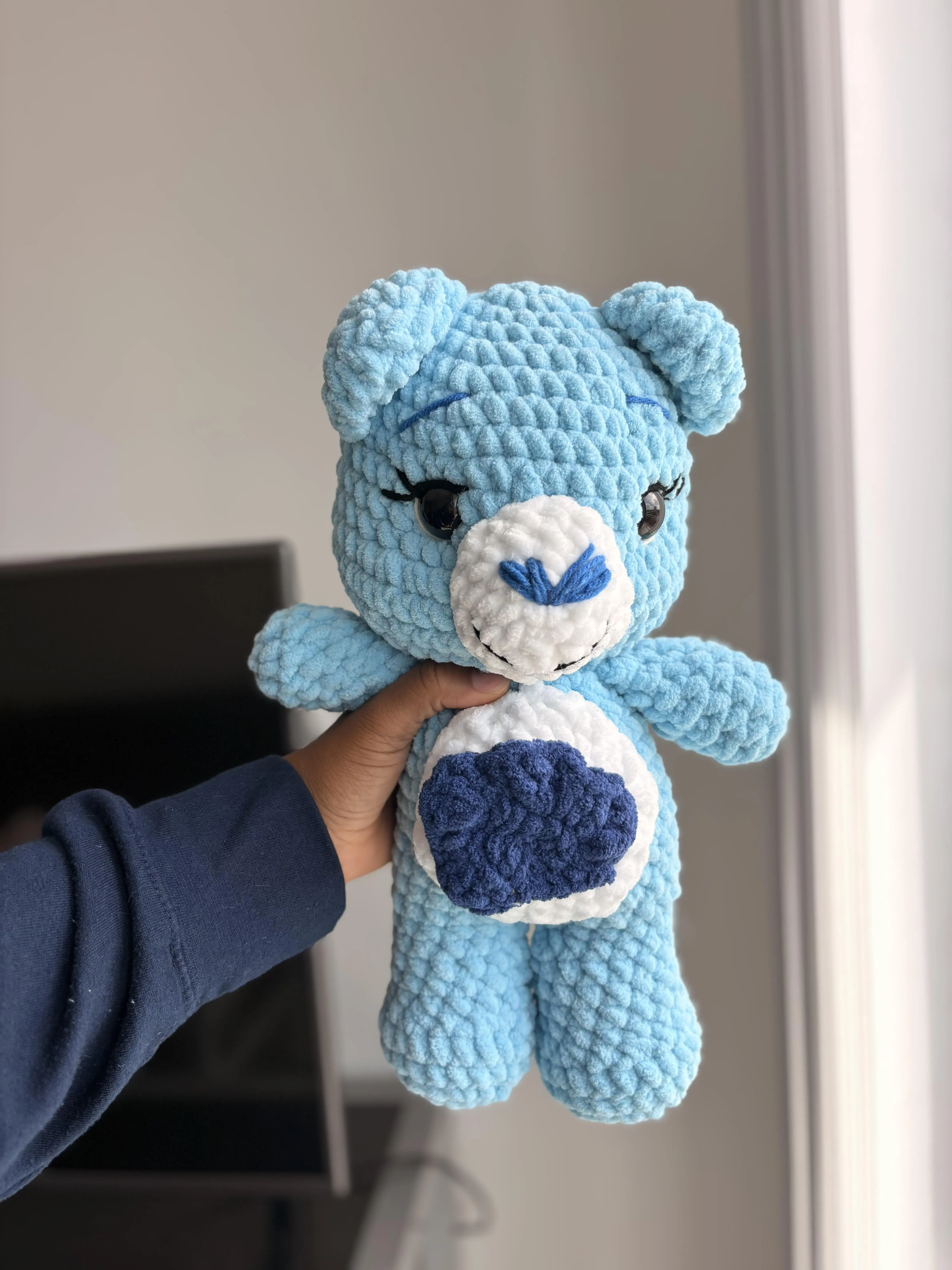 Handmade Blue Caring Bear-Inspired Crochet Plushie | Soft Chenille Amigurumi Teddy Bear | Cute Collectible Gift