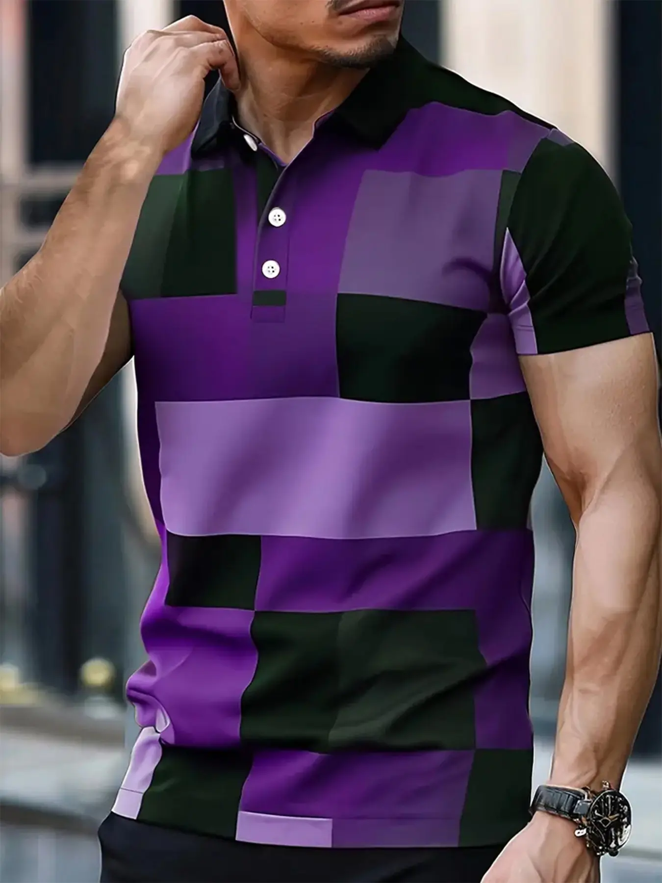 Men's Printed Color Blocked Casual Menswear Short Sleeved Buttoned Polo Shirt Collared Polo Shirts Summer Polos