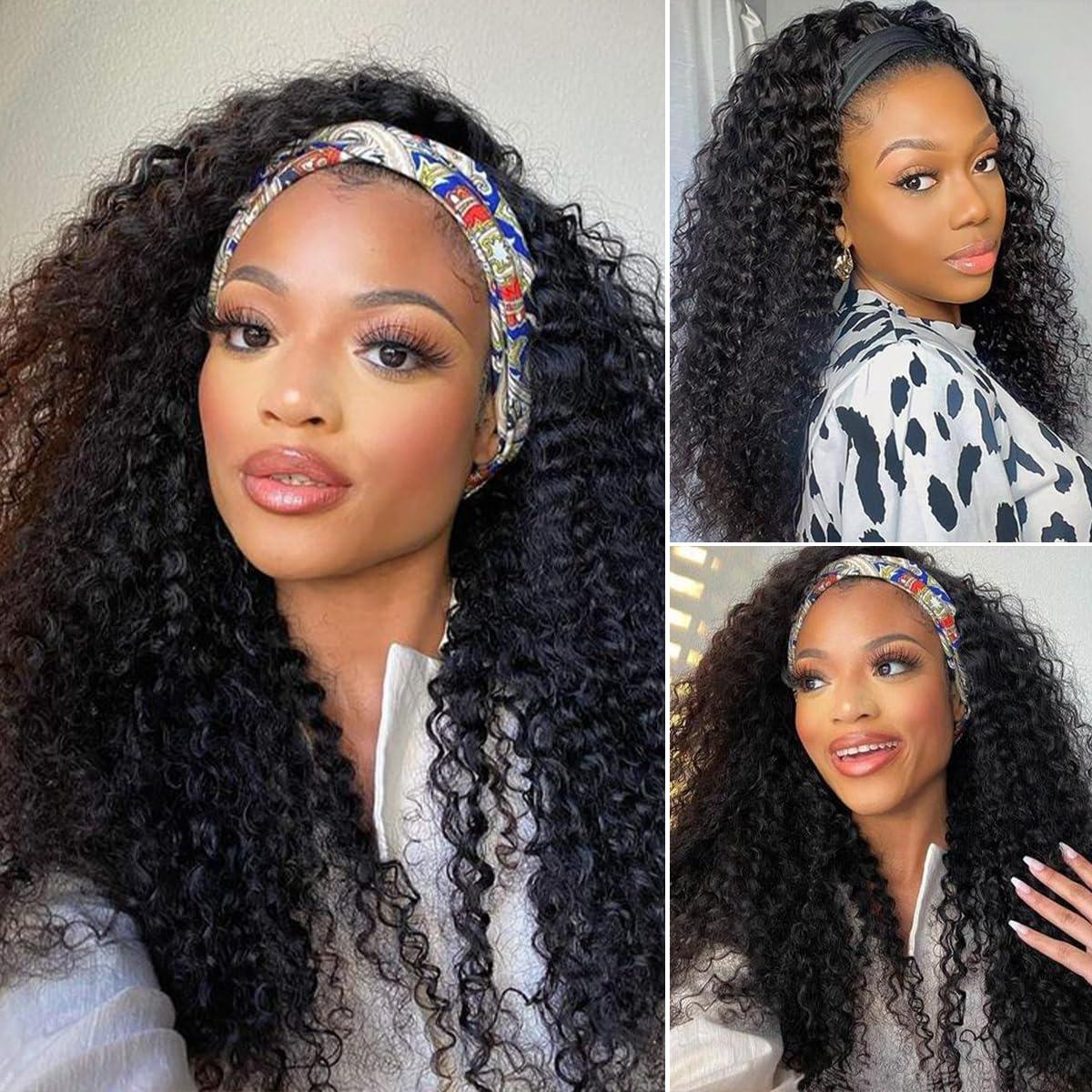 MYLOCKME Long Headband Wig Human Hair Kinky Curly Human Hair Wig for Women Curly Half Wig None Lace Front Wigs 180% Brazilian Virgin Hair