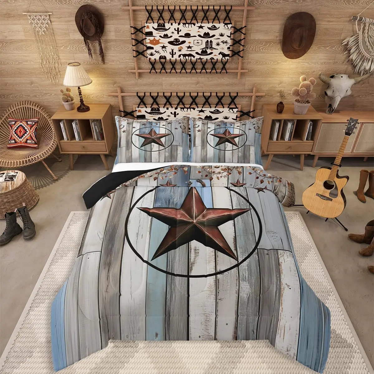 Feelyou Microfiber Lightweight Duvet Set - Western Texas Star Rustic Farmhouse Comfy Bedding Comforter, Cowboy Quilt Bedding Set with Country Wooden Door Theme for Adult Men Bedrooms