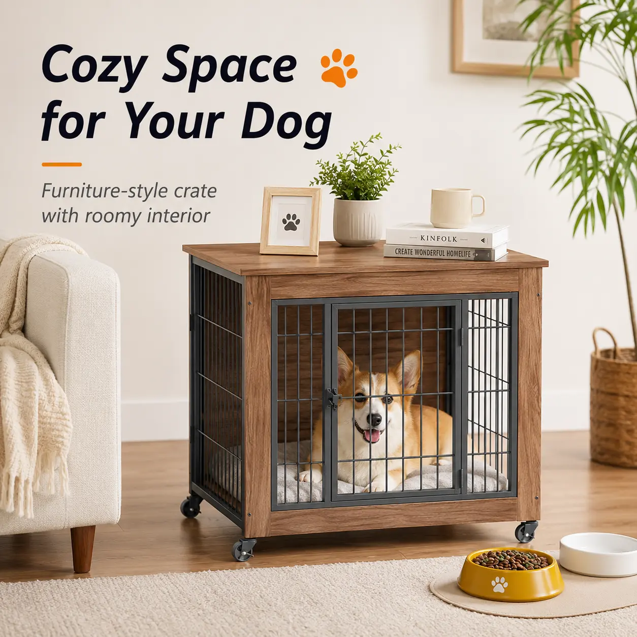 Furniture-Style Wooden Dog Kennel Crate with Mobile Base, Steel Frame, Lockable Doors, Spacious Wooden Top & Wheels, Indoor Pet End Table for Home