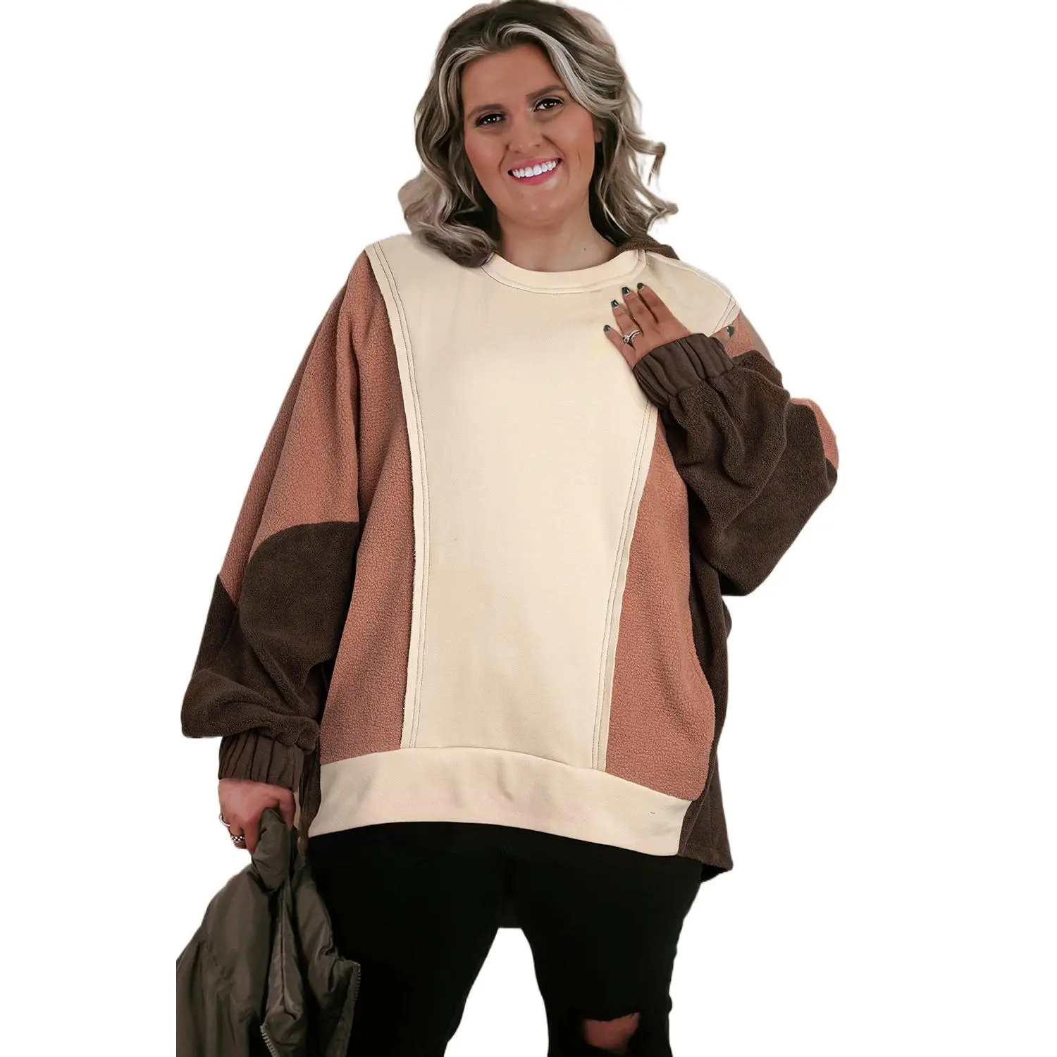 Women's Plus Size Brown Colorblock Hoodie - Long Sleeves, Exposed Seams, Everyday Style, Patchwork Fabric