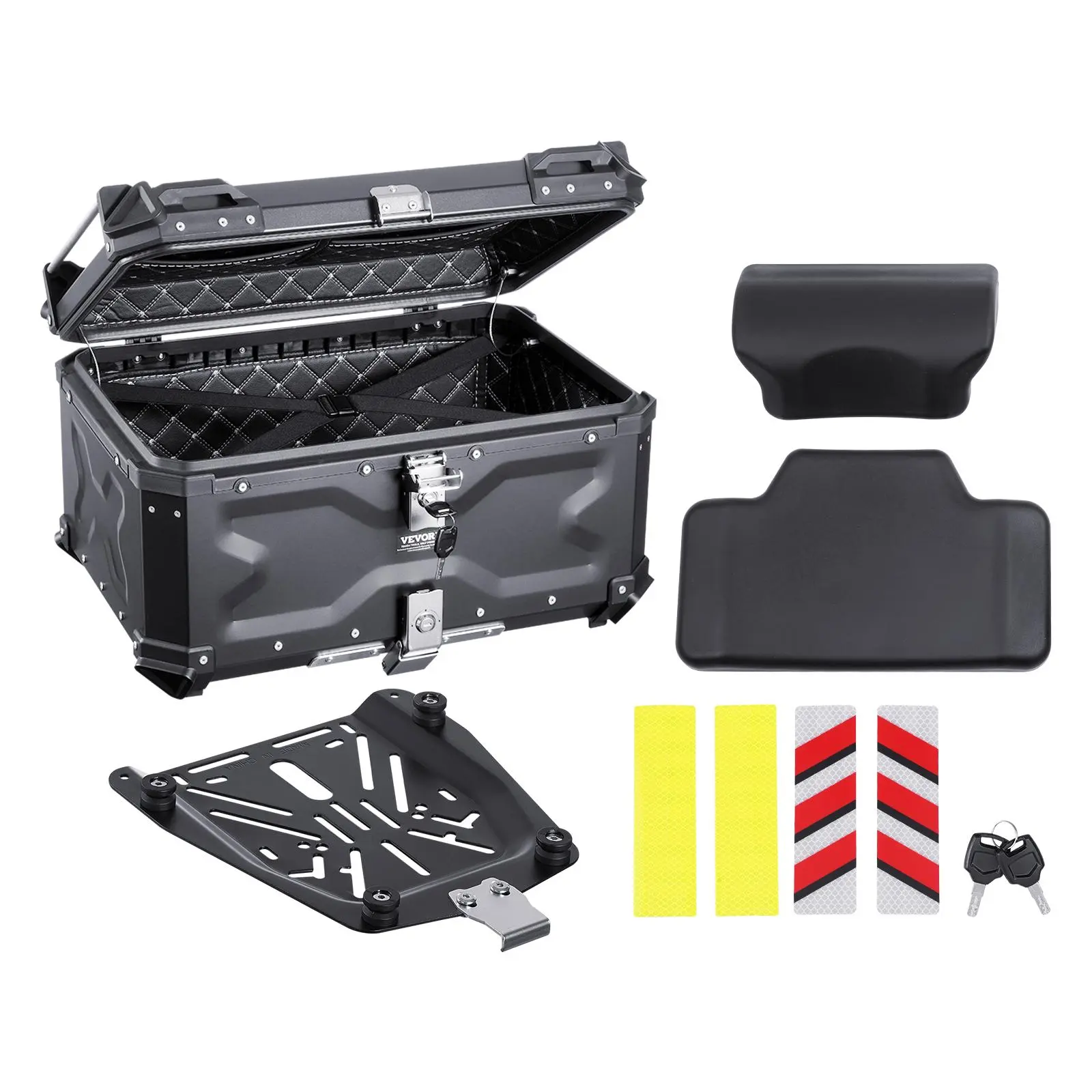【summerfinds】VEVOR Motorcycle Top Case, Universal Aluminum Alloy Motorbike Tail Box with Leather Lining, 65L Waterproof Detachable Motorcycle Top Box with Lock & Back Cushion, Fit for 99% of Motorcycle Frames
