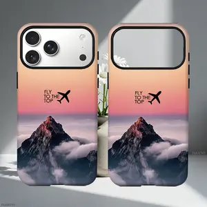 Mountain Above Clouds, Gradient Pink-Orange Sky Pattern Shockproof Phone Case for iPhone 17 Pro Max, 17 Air, 16 Plus, 15, 14, 13, 12, 11. Features A Soft Silicone Inner Case and Durable Hard Plastic Outer Shell