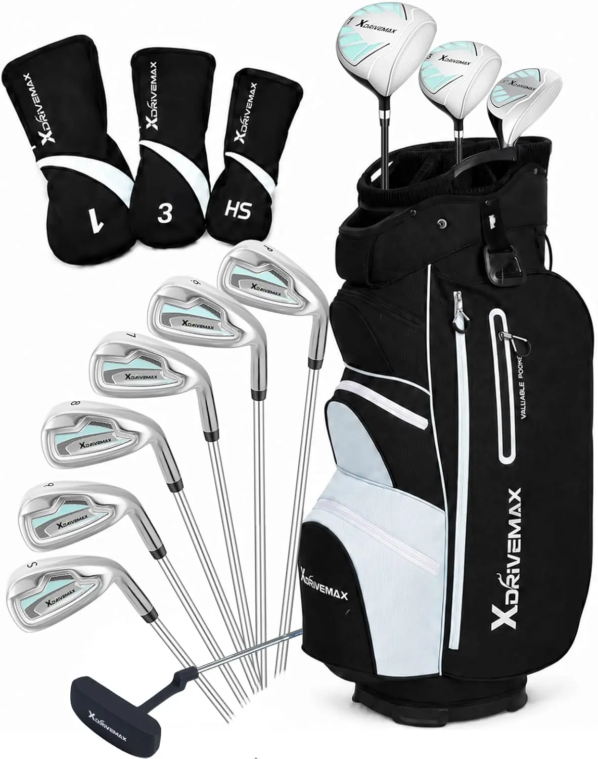 XDriverMax 14-Piece Women's Golf Set, Cart Bag, 3 Headcovers, Standard&Tall | RH/LH Options, Beginner-Friendly Set, 460CC Driver, Graphite/Steel Irons, 14-Way Cart Bag, Cold Drink Storage
