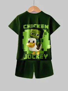 Summer Boys' Minecraft Set, Hulk Chicken Print Short Sleeve Shorts Two-Piece, Casual Park, Natural Waist Fitted, Fashion