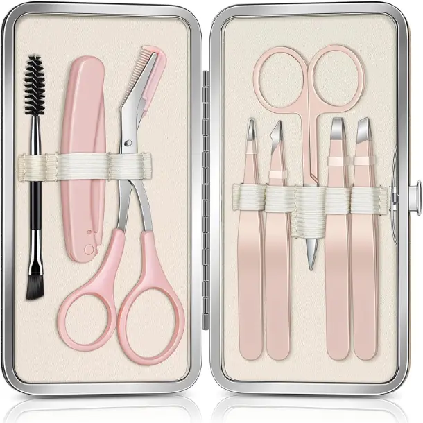 Women's 8-in-1 Makeup Cosmetic Eyebrow Kit, Portable Size Precise Trim Tweezers for Facial Hair Removal, Includes Eyebrow Trimmer, Scissors, Razor, Brush & Travel Bag, Daily Beauty Tools