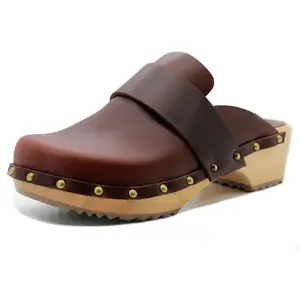 Helvi Wood Open Back Full Grain Leather Clogs in Brown