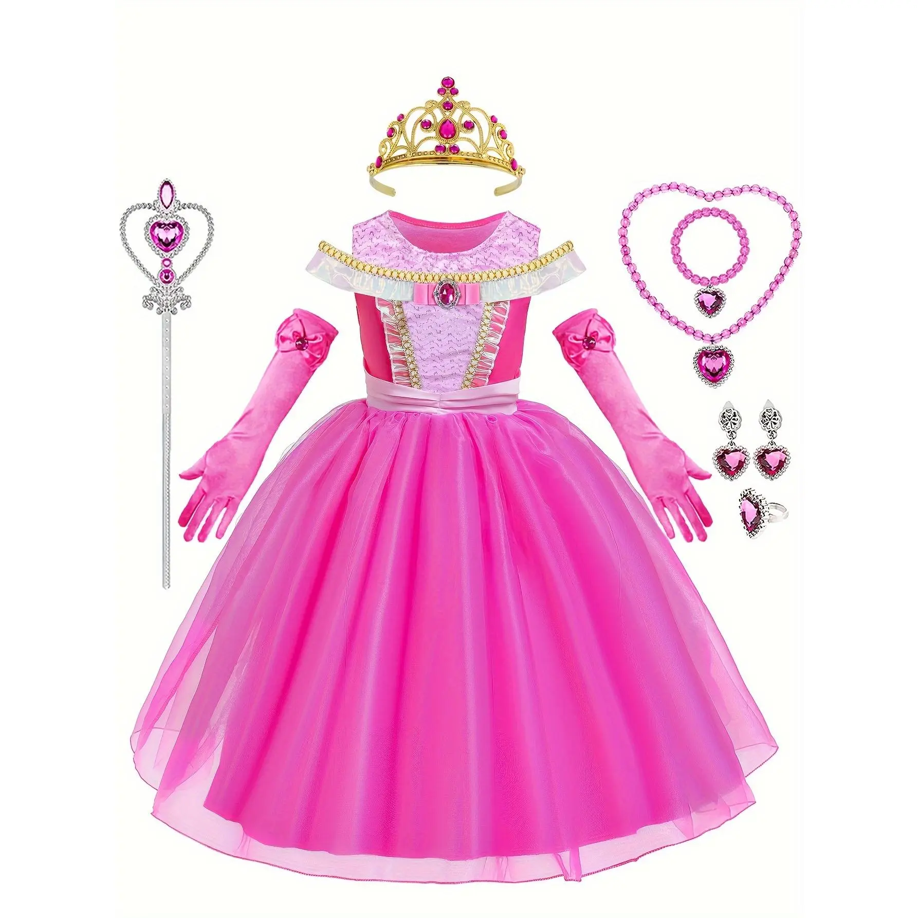 Girls' Pink Elegant Princess Costume with Crown Set - Polyester, Halloween/Party Wear, Cold Wash, 3-4 Years, Role-Playing, Birthday Outfit