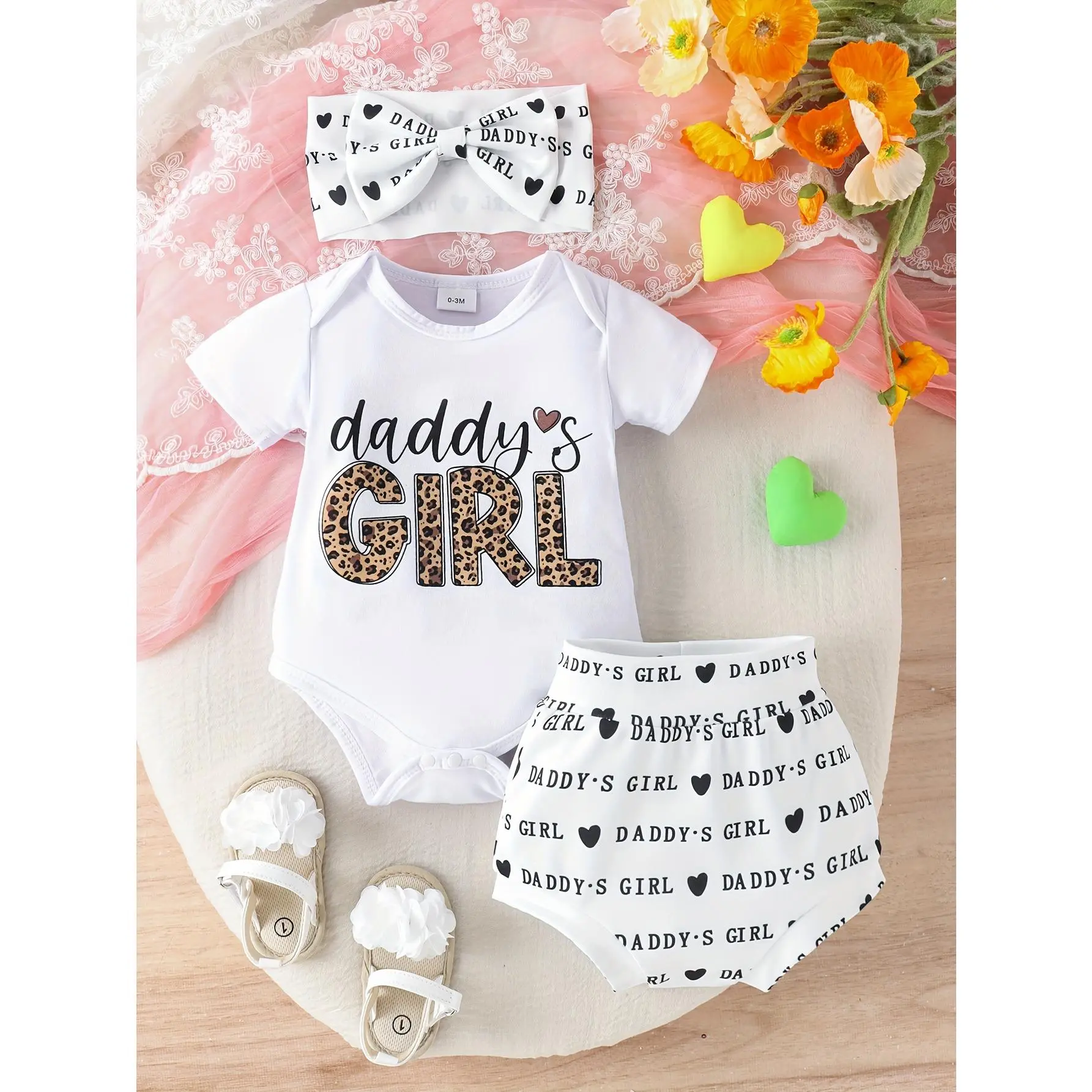 's 3pcs Outfit Set - Daddy's Little Letter Print Bodysuit, Shorts & Bow Headband |   Cute Clothes with Daddy-Themed Text, Machine Washable Spring/Summer Wear  Girls (Girls' First), Perfect  Outdoor for