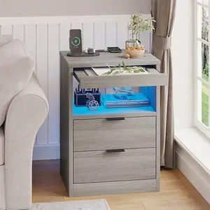 Sikaic Nightstand with Pull-Out Shelf Wireless Charging Station and LED Lights