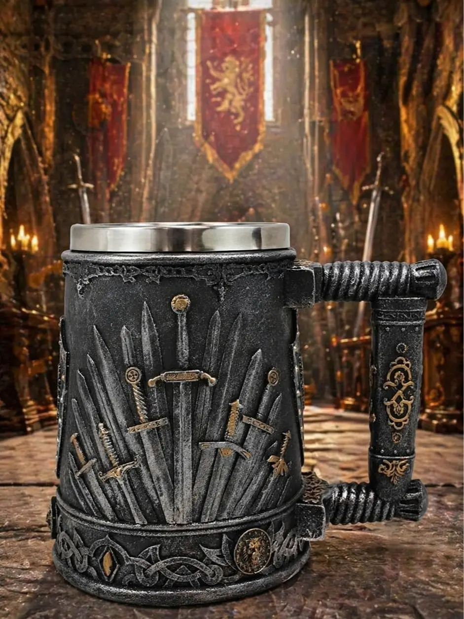 The Armored Kingdom 16oz Swords of Glory Novelty Circle Mug - Stylish Drinkware, 16oz Capacity, Custom Scroll, Sword Motif, Heavy-Duty Resin Exterior, Stainless Steel Stirring Cup, Battle-Themed Medieval Fantasy D&D Cosplay Washable Kitchenware