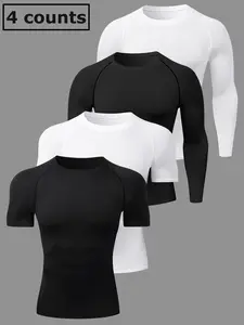 Men's Plain Round Neck Sports Tee, 2 Counts Short Sleeve Top & 2 Counts Long Sleeve Top, Quick Drying Breathable T-shirt, Summer Fall Outfits, Athletic Sports Clothing