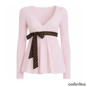 Caterina Babydoll Lace Top for Women Pink Long Sleeve with Polka Dot Bow Perfect for Summer Wear Minimalist Basic Womenswear