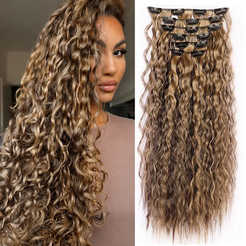 Curly Clip In Hair Extension 6PCS Natural Thick Deep Wave Hair Extension Clips Synthetic Long 24 inch Hair Extensions Clip in Hairpiece