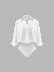 Women's Casual Solid Color Minimalist Long Sleeve Shirt Jumpsuit, Daily Wear, Comfortable and Stylish, Perfect for All Seasons, Casual Jumpsuits