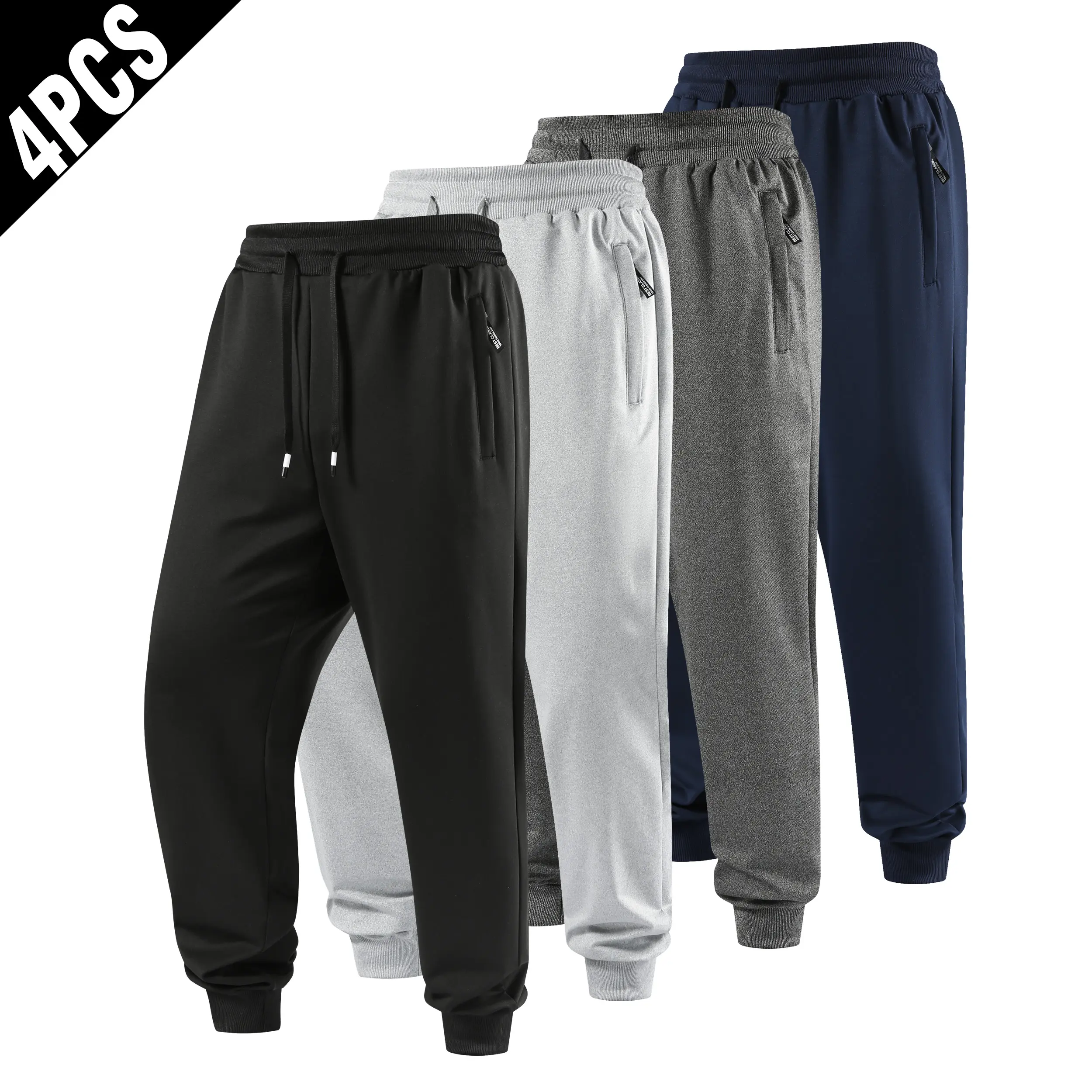 4 Pack Men’s Small Tag Zipper Pocket Jogger Sweatpants, Drawstring Elastic Waist Ankle Cuffed Soft Lightweight Casual Athletic Trousers Multipack loose fit sport pant bottom male clothes com frt clothing Workout men