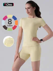 Two-Piece Set Women's Solid Round Neck Tee & High Waist Biker Shorts Tracksuit Set, Casual Sportswear for Indoor Outdoor Wear Sweatsuit Set, Sporty Style Outfits