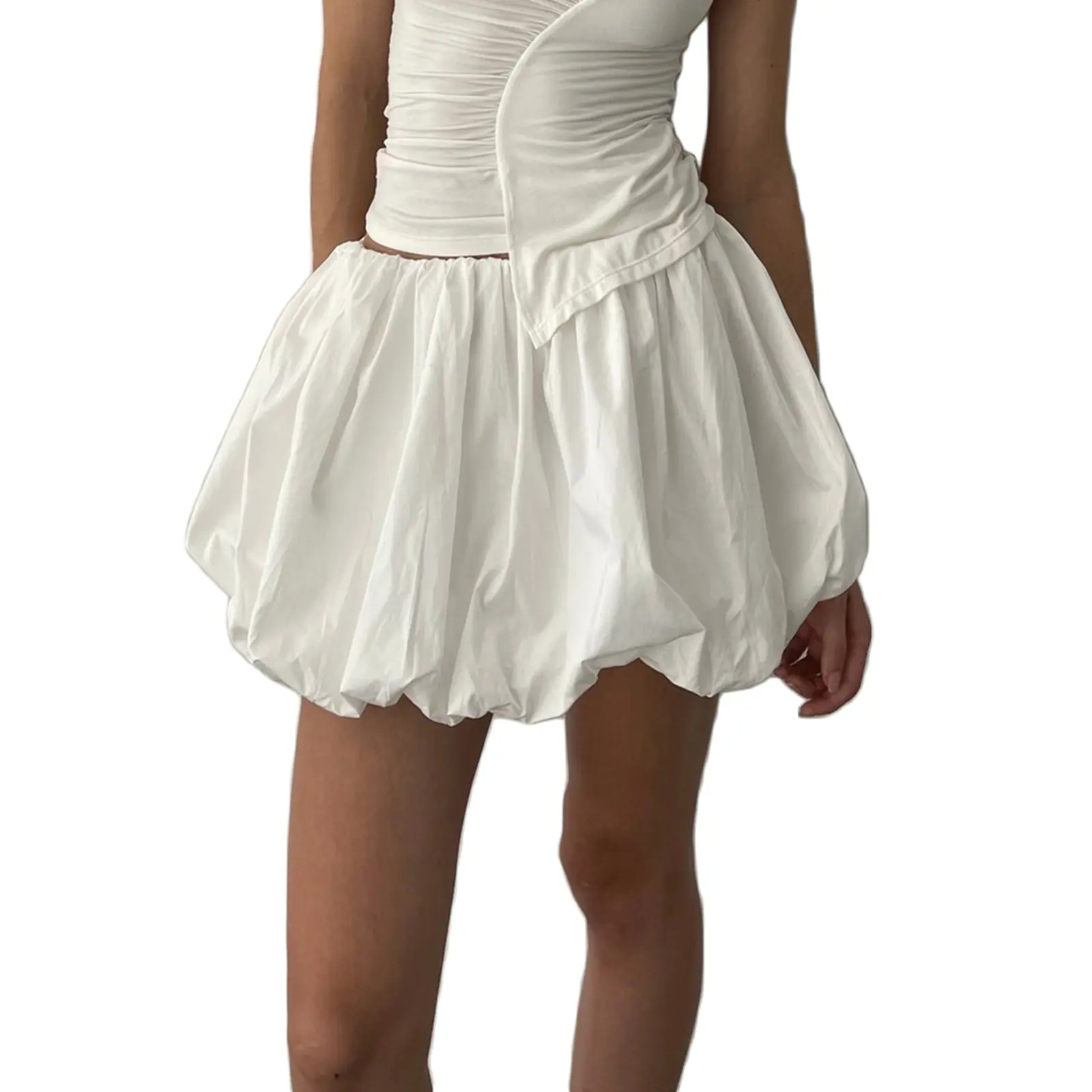 Women's Ladies Female Mini Lantern Skirt Casual Loose Fitting Elastic Waist Solid Color Short Puffball Skirt for Summer Womenswear Streetwear