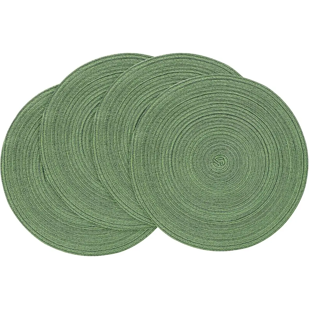 Forest Green 15-Inch Round Braided Fabric Placemats & Coasters Set of 4, Washable Heat-Resistant Cotton-Polyester Kitchen Dining Table Mats
