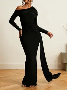 Elegant Party Holiday Dress with Side Long Tie, Asymmetrical Single Shoulder Ruched Bodycon Women's Dress, All Seasons Fashion