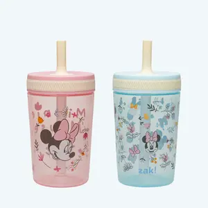 Zak Designs Kelso Kids Leakproof Straw Cup with Silicone Spout and Screw-On Lid - Reusable Plastic Drinkware, 15 Ounces, 2 Pack BPA Free Water Bottles