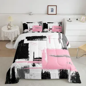 Feelyou Abstract Designer Decorative Bedding Set - Breathable Microfiber Soft Duvet Set with Luxury Ultra-Soft Black Pink White Design and Modern Abstract Art, Breathable Duvet Set