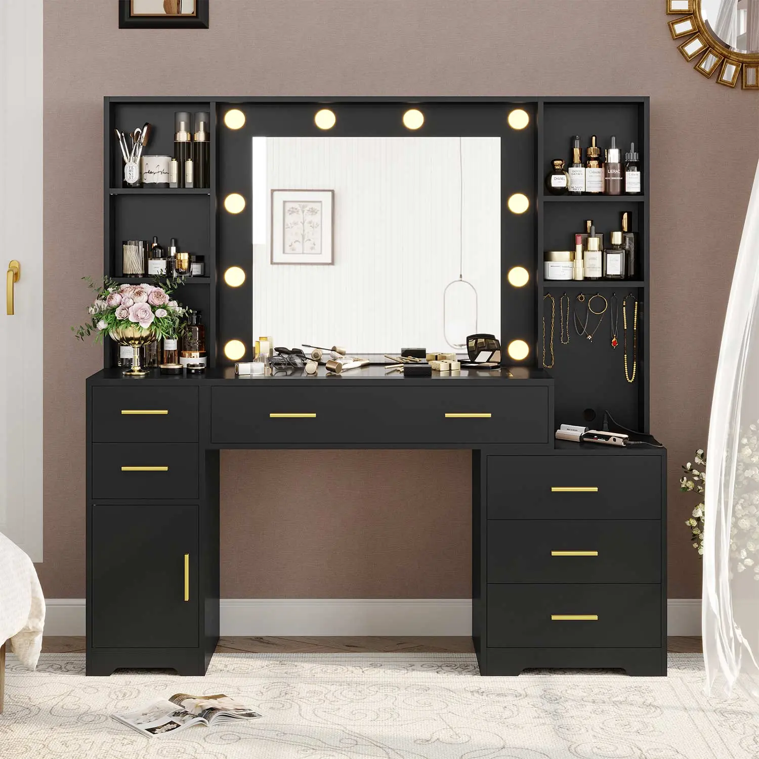 SIKAIC Modern Black LED Powered Vanity with Lighted Mirror, Glass Top Desk, 2 AC Outlets, 2 USB-A Ports Charging Station, 8 Drawers for Bedroom Makeup Organization, Led Mirror