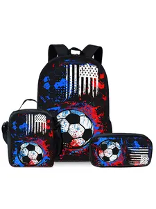 Football pattern printed 17-inch Casual Printed Backpack three-piece set (single-layer backpack + shoulder strap lunch bag + single-layer pencil bag)