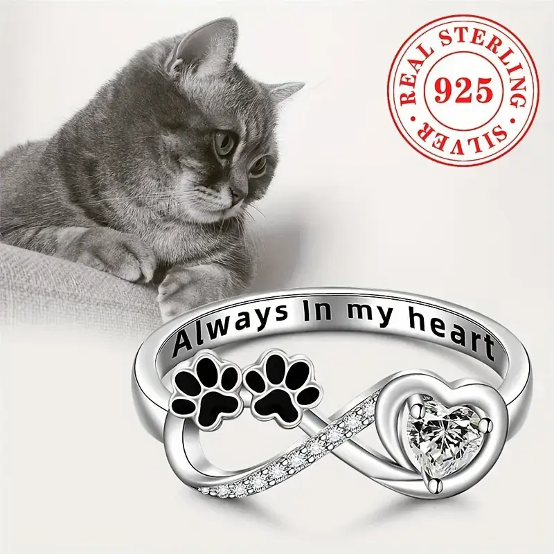 Heart shaped double claw print ring, S925 silver infinite love animal footprint inlaid moissanite diamond ring, perfect for women's Valentine's Day gifts, dating parties, daily leisure holiday accessories, jewelry