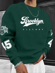 Men's Letter and Number Print Fleece Long Sleeve Pullover Sweatshirt, Casual Classic Aesthetic Thick Fabric Fitted Round Neck Top for Fall & Winter