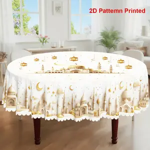 1pc, Ramadan Festival Themed Party Tablecloth, Moon Lantern Star Castle Printed Design, Rectangular/Round/Oval Table Cloth, Embossed Edge, Suitable For Picnic Dinner Kitchen Dining Room Decoration