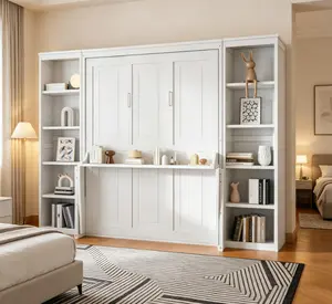 White Queen-Size Murphy Bed with Built-In Desk and Bookshelf